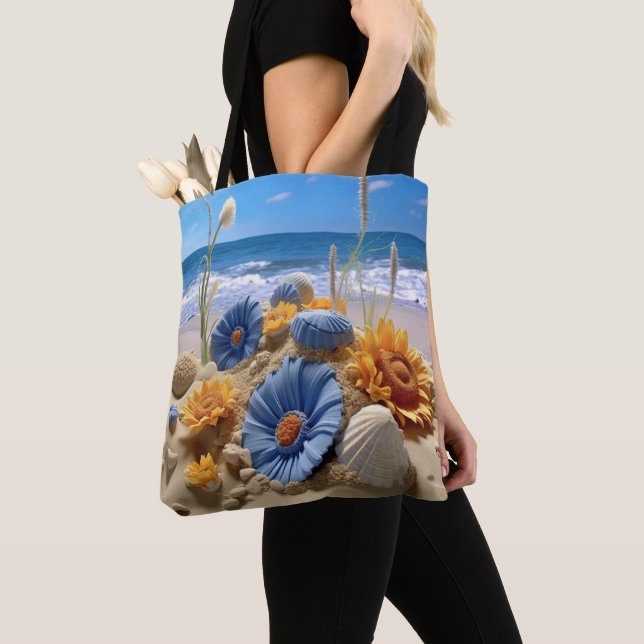 TOTE BAG SCÈNE DE PLAGE PAISIBLE AVEC COQUILLAGES (De près)