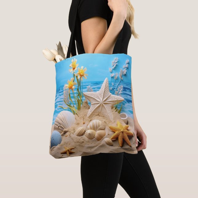TOTE BAG SCÈNE DE PLAGE PAISIBLE AVEC COQUILLAGES (De près)