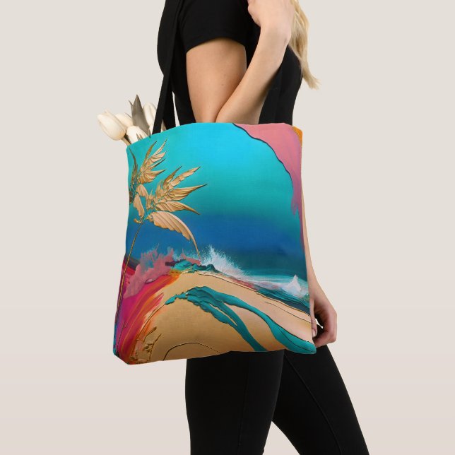 Tote Bag Scène de plage tropicale abstraite vibrante (De près)