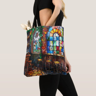 TOTE BAG SCÈNE DE PUB IRLANDAIS STYLE VITRAUX