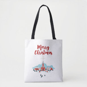 Tote Bag Scène d'hiver avec une église rouge et l'étoile de