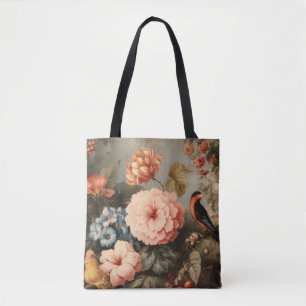 Tote Bag Scène florale et aviaire vintage vibrante