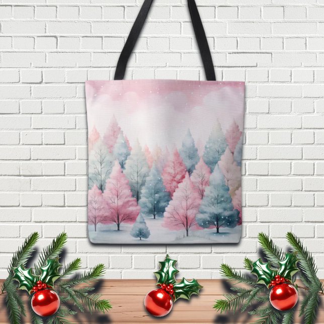 Tote Bag Scène hivernale de la menthe et des sapins roses (Créateur téléchargé)