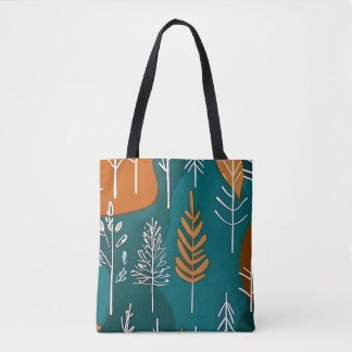 Tote Bag Scène minimaliste automne turquoise forêt brune or