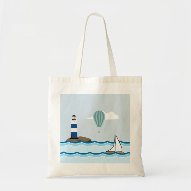 Tote Bag Scene nautical with Lighthouse and Sailboat (Devant)