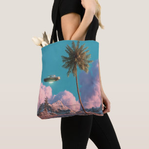 Tote Bag Scène surréaliste de montagnes avec palmier et OVN