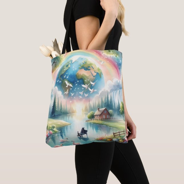 Tote Bag Scène Whimsical Rainbow Earth Imaginaire (De près)