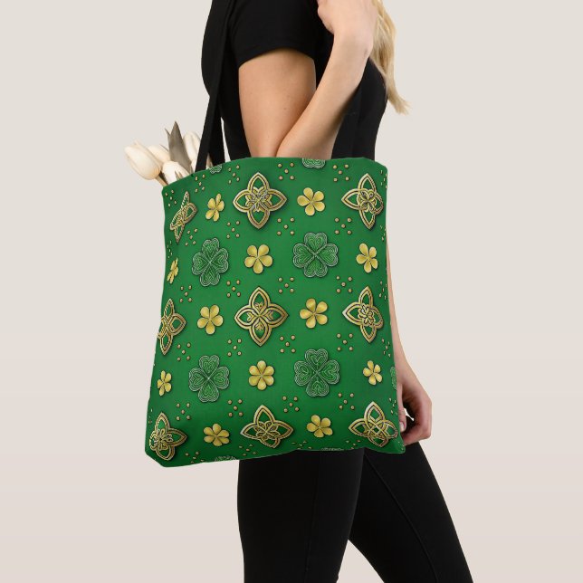 TOTE BAG SCÈNES À THÈME CELTIQUE IRLANDAIS VERT & OR (De près)