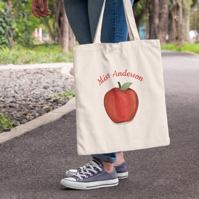 Tote Bag School Teacher Apple Classroom  (Personalized teacher tote bag with red apple illustration and custom teacher name design.)