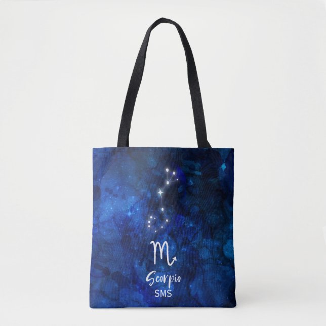 Tote Bag Scorpio Zodiac Constellation Bleu Galaxie Monogram (Devant)