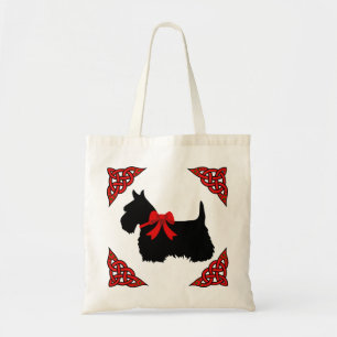 Tote Bag Scottish Terrier noir, tresse rouge, arc