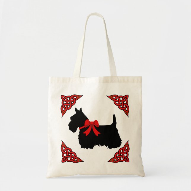 Tote Bag Scottish Terrier noir, tresse rouge, arc (Devant)