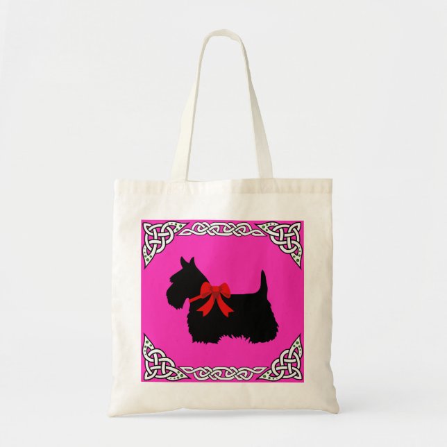 Tote Bag Scottish Terrier noir, white cletic braid, bow (Devant)
