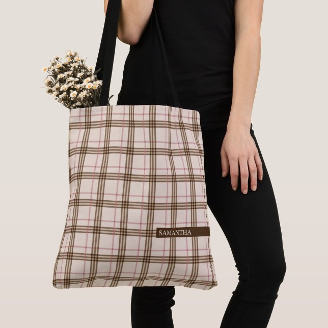 Tote Bag Scottish Thompson plaid tartan beige brun rouge (De près)