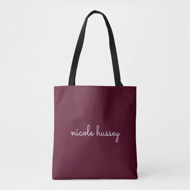 Tote Bag Script Bourgogne | Monogramme moderne élégant (Devant)