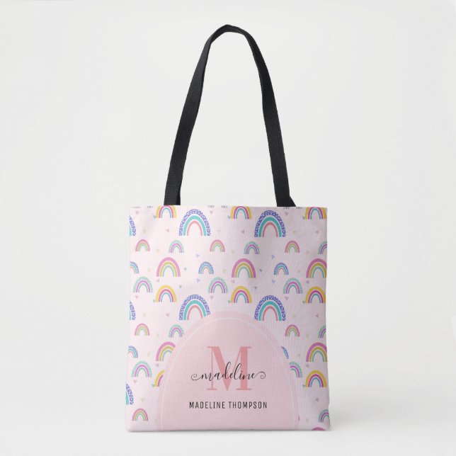 Tote Bag Script Coeur arc-en-ciel chic Monogramme Boho rose (Devant)