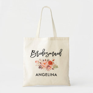 Tote Bag Script de brosse moderne Coral Floral Bridesmaid