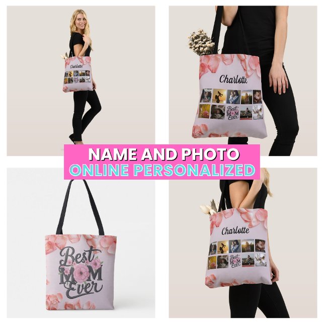 Tote Bag Script de collage photo de mère florale Meilleure  (Floral Mother's Photo Collage Script Best Mom Ever Tote Bag)