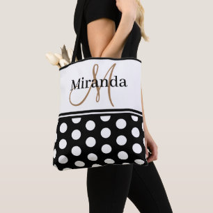 Tote Bag Script de monogramme noir blanc Pois