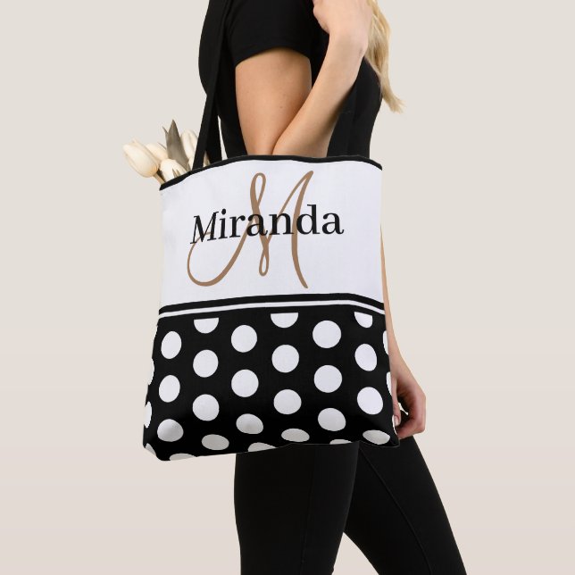 Tote Bag Script de monogramme noir blanc Pois (De près)