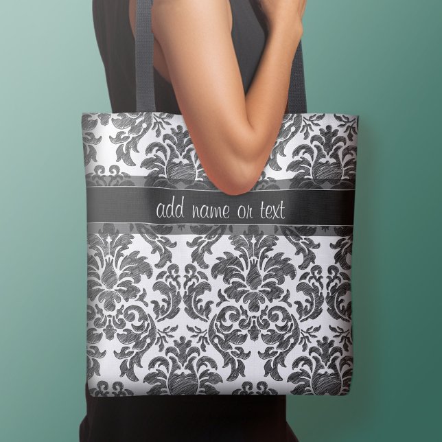 Tote Bag Script de motif Damas de tableau noir et blanc (Add your name to this personalized tote bag)