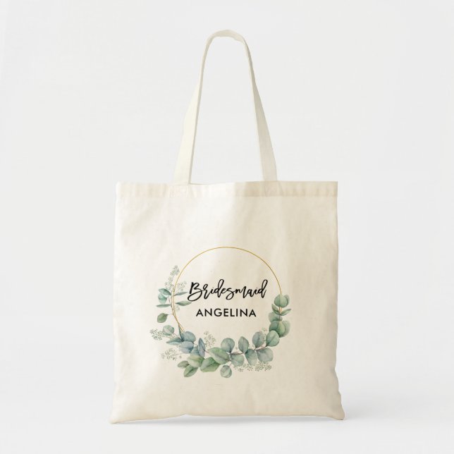 Tote Bag Script de pinceau moderne Bridesmaid Botanical Gre (Devant)