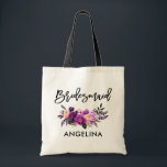 Tote Bag Script de pinceau moderne Bridesmaid Floral violet<br><div class="desc">Brosse moderne tendance Script Aquarelle violet Ultra violet Sac fourre-tout de femme de chambre</div>