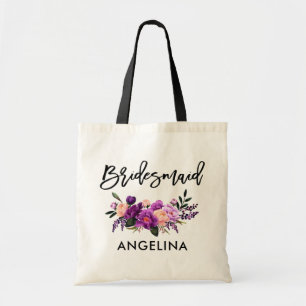 Tote Bag Script de pinceau moderne Bridesmaid Floral violet