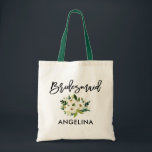 Tote Bag Script de pinceau moderne Bridesmaid vert blanc Fl<br><div class="desc">Brosse moderne tendance Script Aquarelle Vert Blanc Floral Sac fourre-tout de femme de chambre - Poignée verte</div>