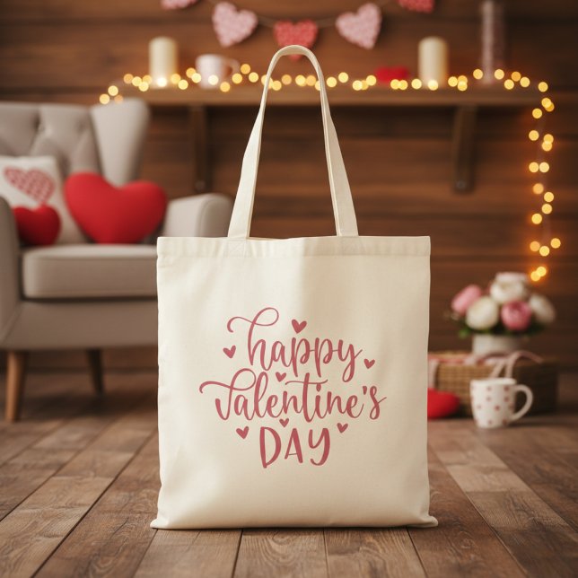 Tote Bag Script et coeurs rose Heureuse Sainte-Valentin (Happy Valentine's Day Pink Script & Hearts Tote Bag)