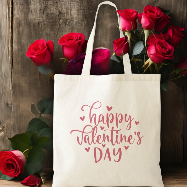 Tote Bag Script et coeurs rose Heureuse Sainte-Valentin (Happy Valentine's Day Pink Script & Hearts Tote Bag)