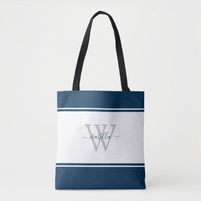 Tote Bag Script monogramme bleu marine initial (Devant)