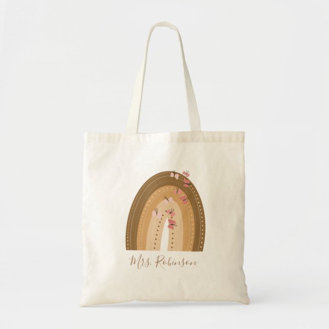 Tote Bag Script Papillons Arc-en-ciel Nom de l'enseignant  (Devant)
