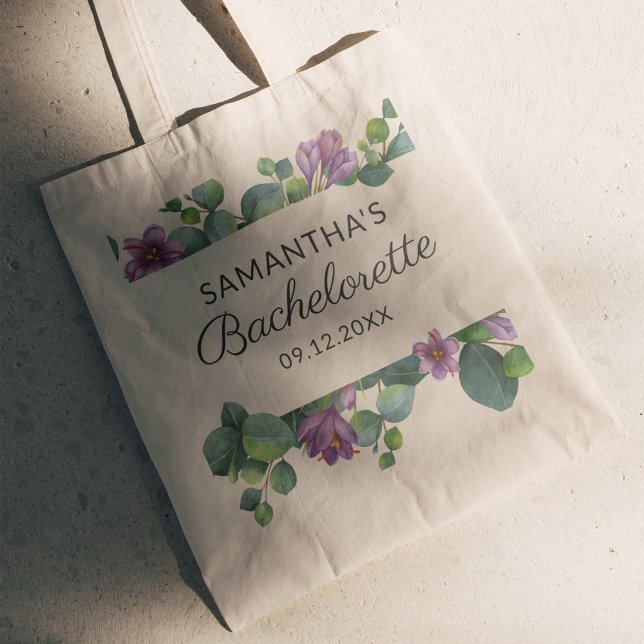 Tote Bag Script personnalisé Bachelorette Weekend Party (Eucalyptus Green and Purple Foliage Bachelorette Custom Tote Bag)