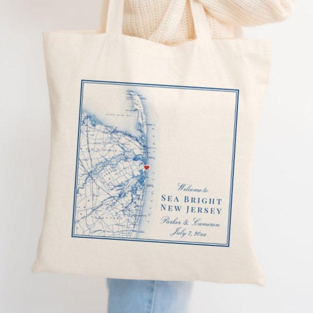 Tote Bag Sea Bright New Jersey Carte Élégante de Bienvenue  (These Welcome to Sea Bright New Jersey tote bags are perfect for your Jersey shore wedding)
