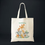 Tote Bag Sea Green Watercolor Cute<br><div class="desc">Cute sea green watercolor safari animals with jungle leaves and fruits for kids or as gift for animals lovers. Makes a great venin ! Personalize with your own special text or color Matching items available in our store.</div>