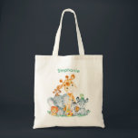 Tote Bag Sea Green Watercolor Cute<br><div class="desc">Cute sea green watercolor safari animals with jungle leaves and fruits for kids or as gift for animals lovers. Makes a great venin ! Personalize with your own special text or color Matching items available in our store.</div>