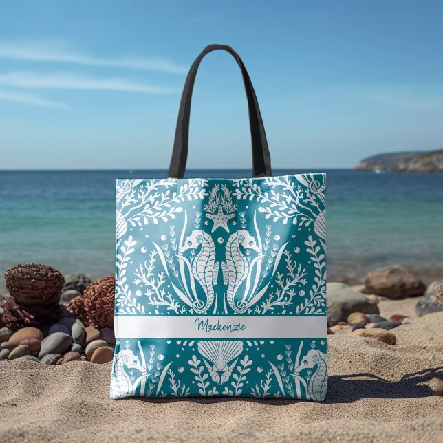 Tote Bag Seahores Ocean Sea Life Turquoise Blue Ajouter Vot (Créateur téléchargé)