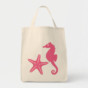 Tote Bag Seahorse & Starfish, rose fuchsia