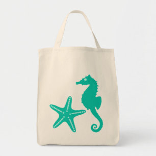 Tote Bag Seahorse & Starfish, turquoise et aqua