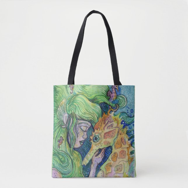 Tote Bag Seahorse Whisperer Mermaid aquarelle art (Devant)