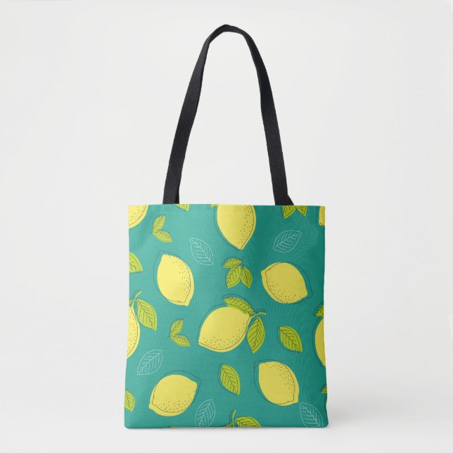 Tote Bag Seamless Hand Drawn Lemon with Leaves Pattern in B (Devant)