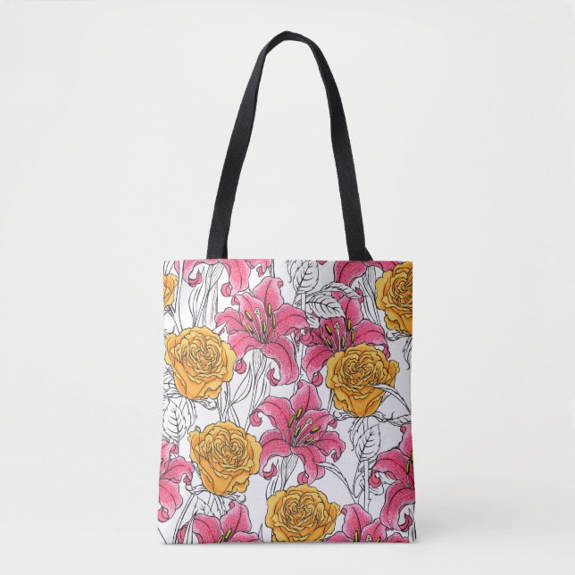 Tote Bag Seamless pattern with roses and lilies. Hand drawn (Devant)