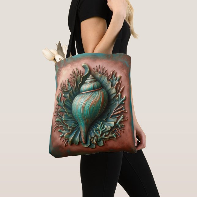 Tote Bag Seashell Copper et Patina Beach House (De près)