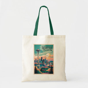 Tote Bag Seattle Washington Skyline Travel Art Vintage