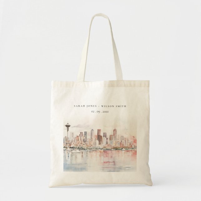 Tote Bag Seattle, Washington Watercolor Landscape Wedding (Devant)