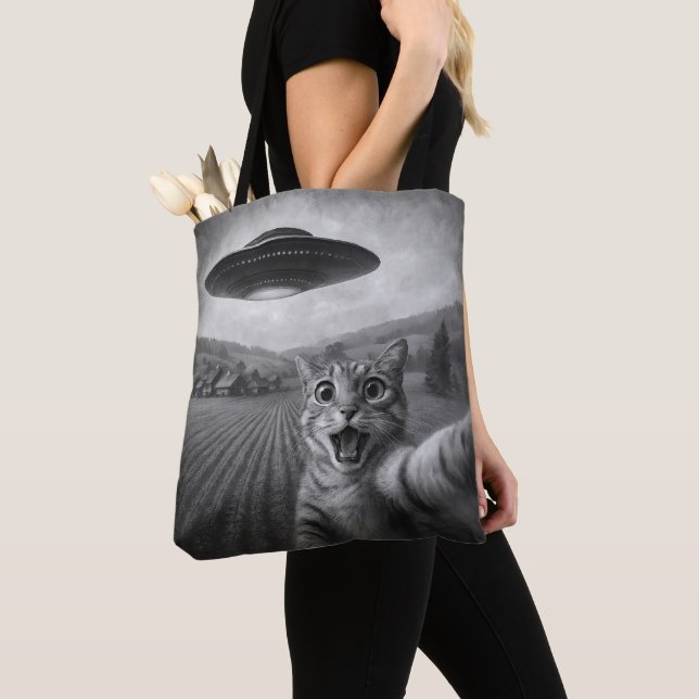 Tote Bag Selfie De Chat Avec Alien UFO Drôle Cadeaux De Cha (De près)