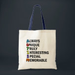 Tote Bag Sensibilisation sur l'autisme Acrostique mignon po<br><div class="desc">Un beau poème acrostique pour l'autisme. Toujours Unique Vraiment Intéressant Spécial Mémorable. De grands attributs positifs d'être autiste pour vous montrer sont fiers d'être sur le spectre. Les acronymes sont si cool.</div>