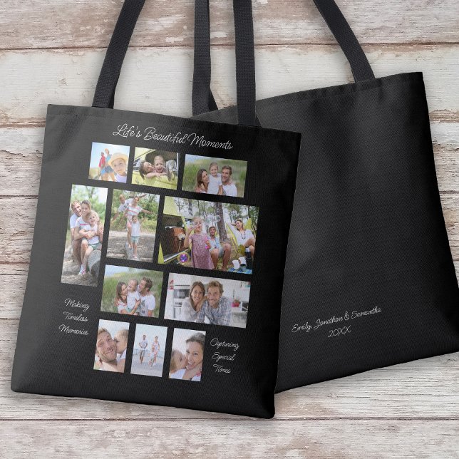 Tote Bag Sentimental 3 Citations 11 Photo Collage noir (Front and back view)