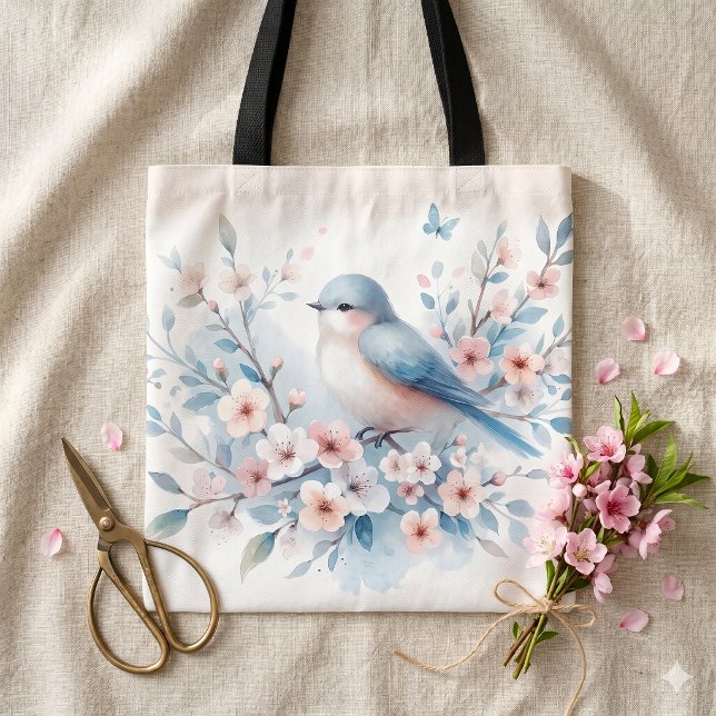 Tote Bag Sérénité aquarelle Fleur de Bluebird (Bluebird Blossom Watercolor Serenity Tote Bag)